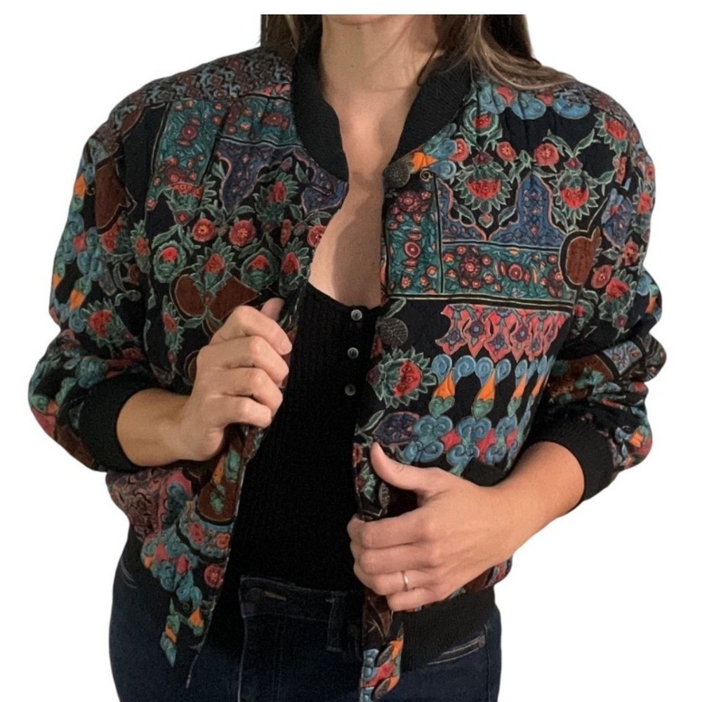 Vintage Carole Little Boho Bomber Jacket Size M Floral Cottage Artsy Hippie USA